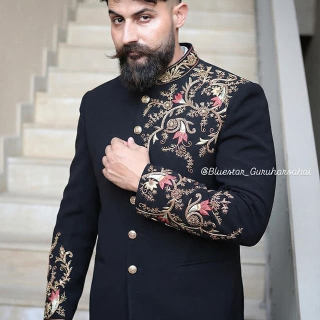 Black with gold, red, and pink embroidery Sherwani/Jodhpuri Suit Jacket