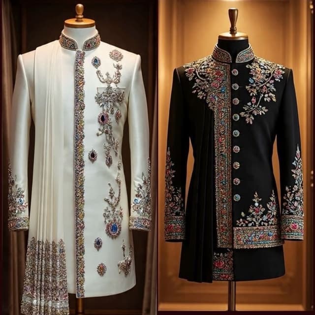 White with multi-colored embellishments, Black with multi-colored embellishments Sherwani