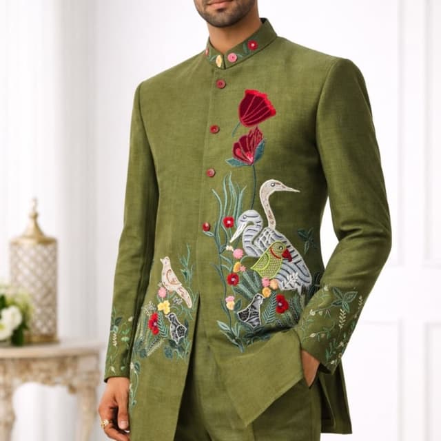 Olive green with red, pink, yellow, blue, white, and black accents Jodhpuri Suit