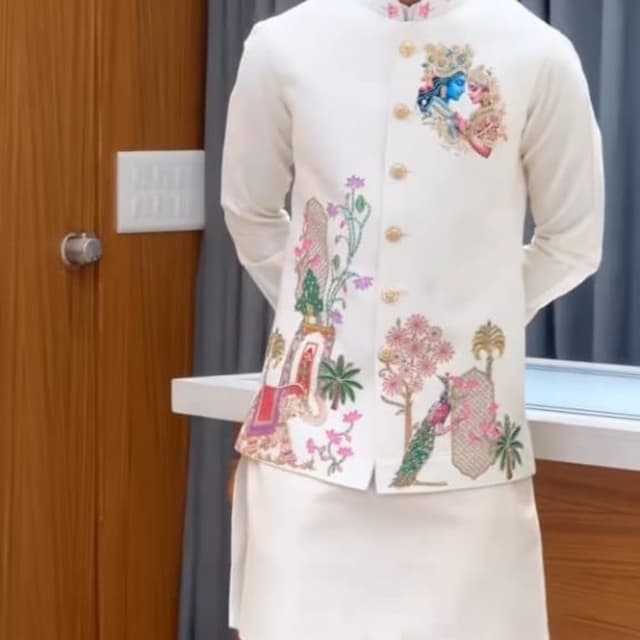 White, cream, multi-colored embroidery Kurta Set with Nehru Jacket