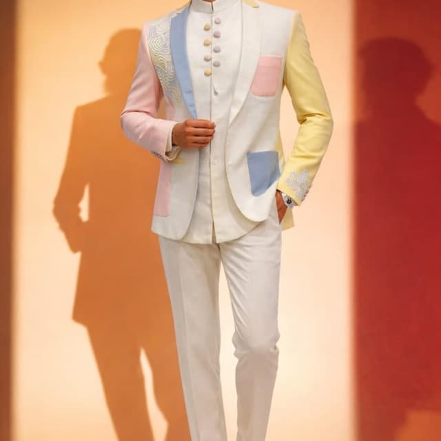 Off-white, pastel pink, pastel blue, pastel yellow Bandhgala suit