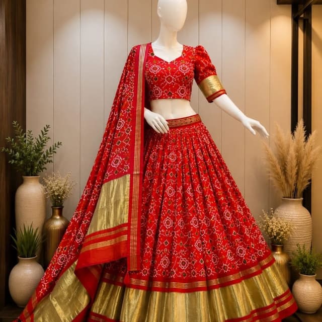 Red, Gold, White, Green Lehenga Choli with Dupatta