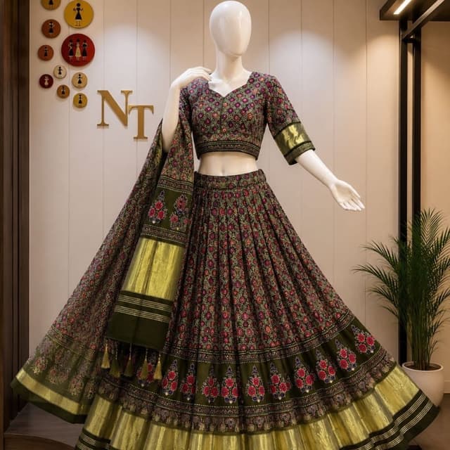 Olive Green, Red, Pink, Gold, Navy Blue Lehenga Choli with Dupatta