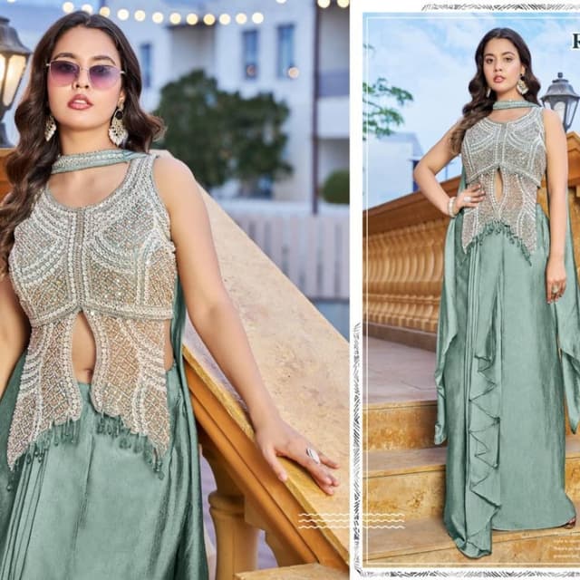 Sage Green, Cream, Silver Saree Blouse and Saree