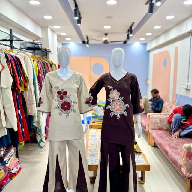 Beige and Brown with floral accents Kurta set with flared pants