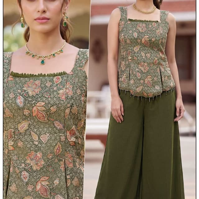 Olive green with floral print in shades of cream, rust, and pink Top and Palazzo Pants Set