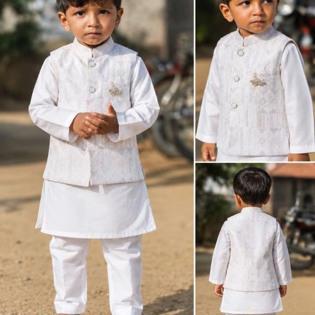 White with subtle pastel and metallic thread work Kurta Pajama with Nehru Jacket