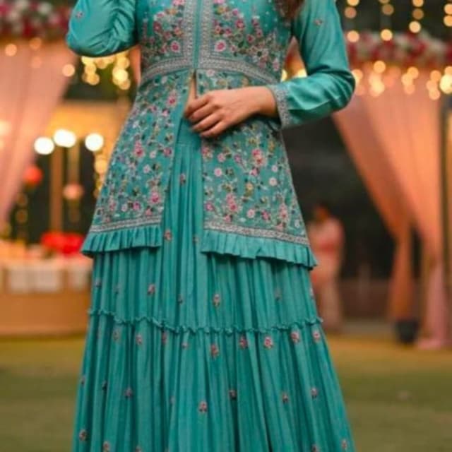 Teal with floral embroidery in pink, green, and white Lehenga Choli