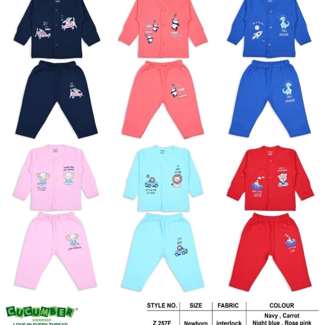 Navy blue, Coral pink, Royal blue, Light pink, Light blue, Red Baby sleepsuit/loungewear set (top and bottom)