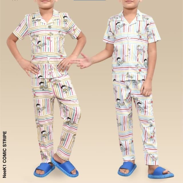 White, pink, yellow, blue, green, orange, red stripes with cartoon prints Pajama Set