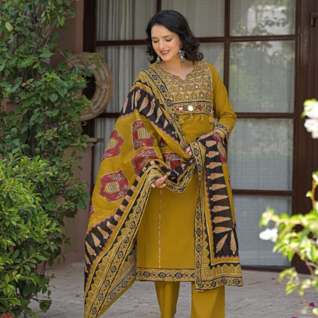 Mustard yellow, black, red, beige Salwar Kameez Set (Kurti, Pants, Dupatta)