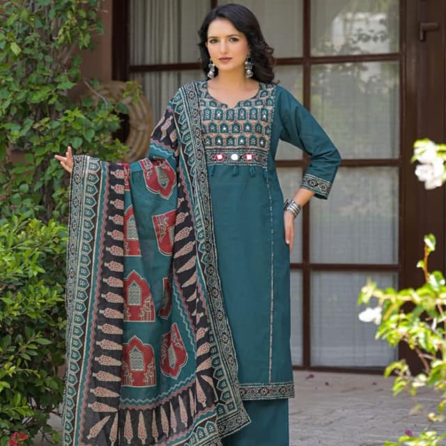 Teal, Black, Red, Beige Salwar Kameez