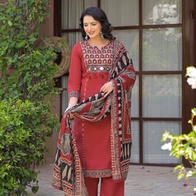 Red, Black, Beige Kurta Set with Palazzo Pants and Dupatta