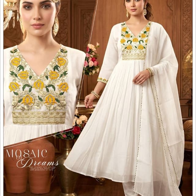 White with yellow and gold accents Anarkali Suit