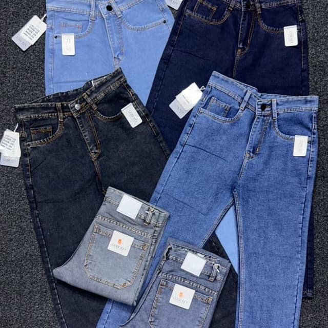 Light Blue, Medium Blue, Dark Blue, Charcoal Grey Jeans