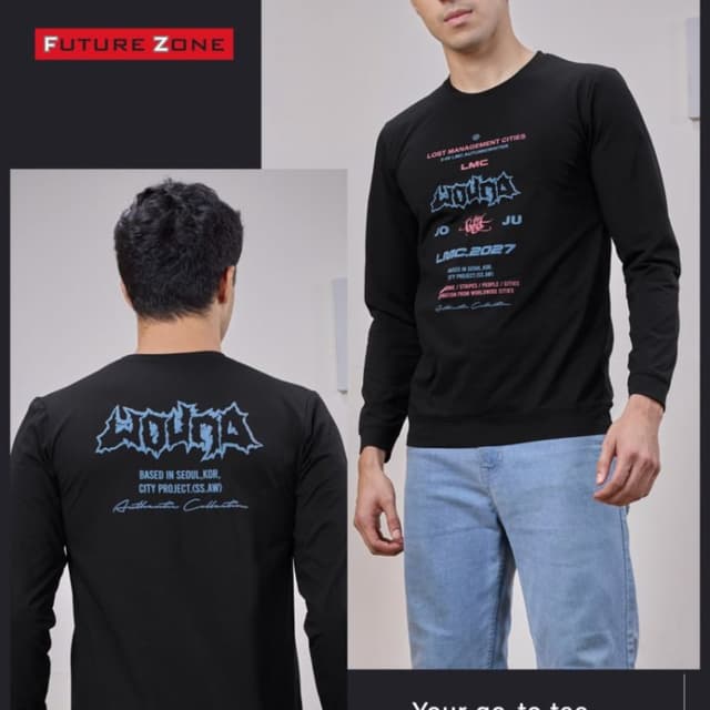 Black with blue and white graphic print Long-sleeve T-shirt
