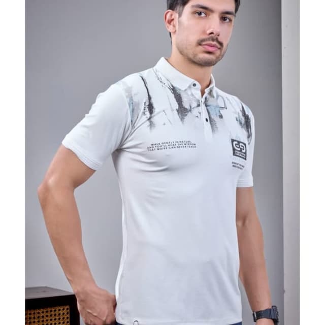 White with black and grey print Polo Shirt