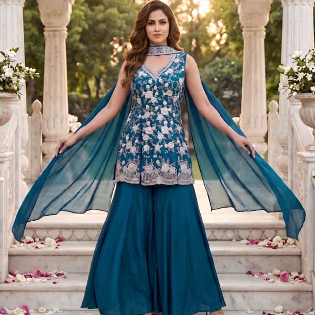 Teal blue with white and silver embroidery Sharara Set