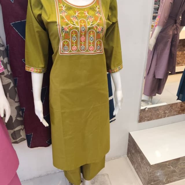 Olive green with orange, pink, white, and green embroidery Kurta and Pants Set