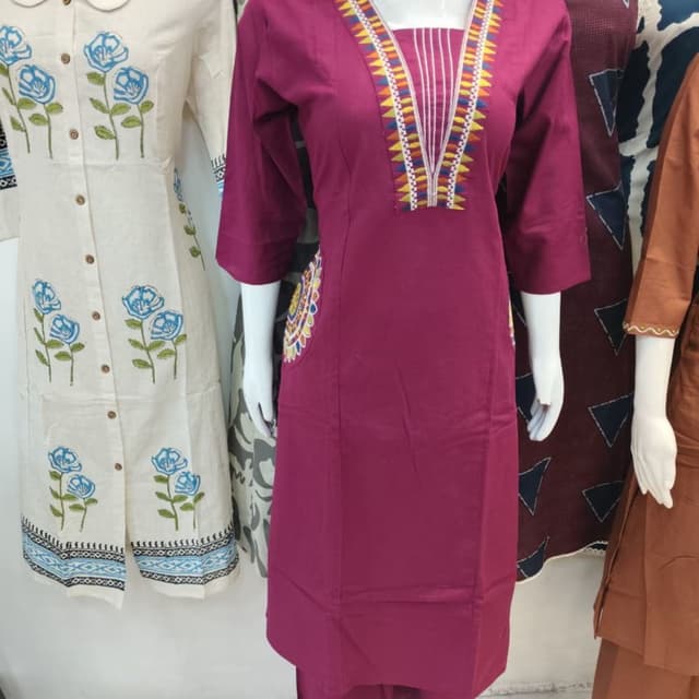Maroon, Multicolor (Yellow, Blue, Orange, White) Kurta with Pants