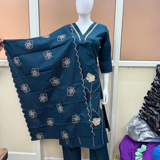 Teal with cream/beige embroidery Salwar Kameez (or Kurti set)