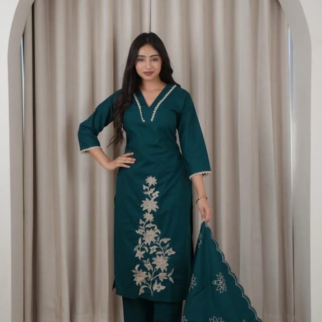 Deep Teal with Cream/Beige Embroidery Kurta Set (Kurta, Pants, Dupatta)