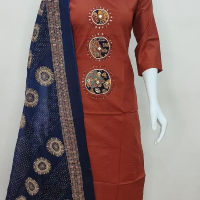 Rust Orange, Navy Blue, Multicolor Print Kurta Set with Dupatta