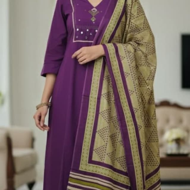 Purple, Olive Green, Beige Kurta Set with Dupatta