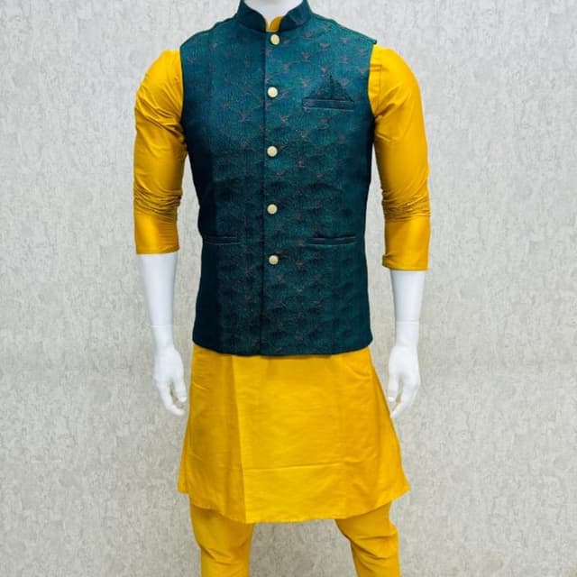 Teal and Yellow Kurta Set with Nehru Jacket