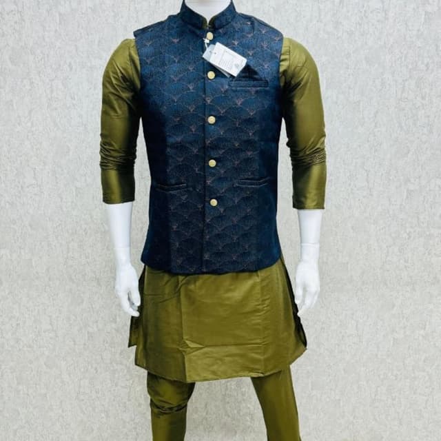 Olive Green and Navy Blue with Bronze accents Nehru Jacket with Kurta and Pants