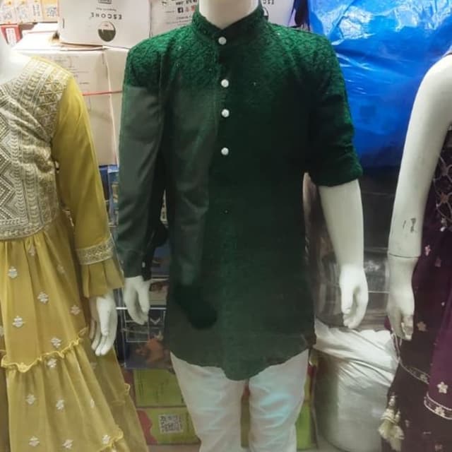 Dark Green and White Kurta and Pants Set