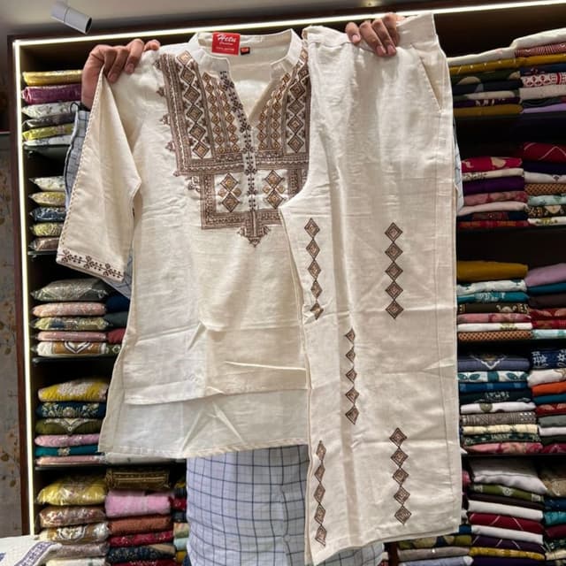 Cream, Brown Kurta Set