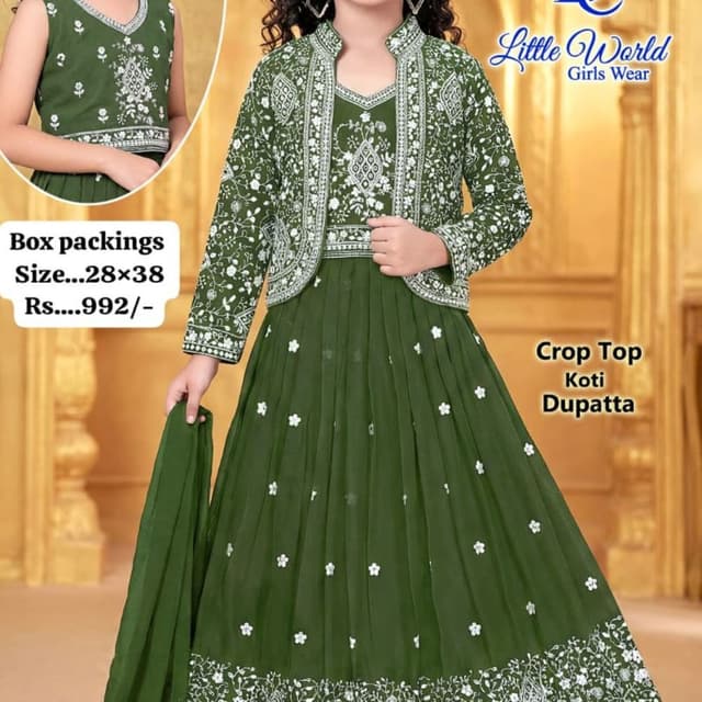 Olive Green with White Embellishments Anarkali Dress Set (Crop Top, Koti, Dupatta)