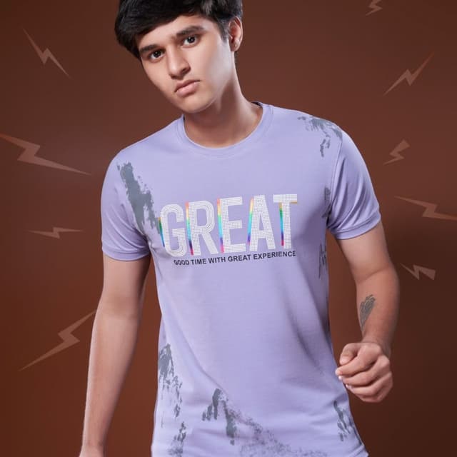 Lavender with grey abstract print and rainbow-colored text T-Shirt