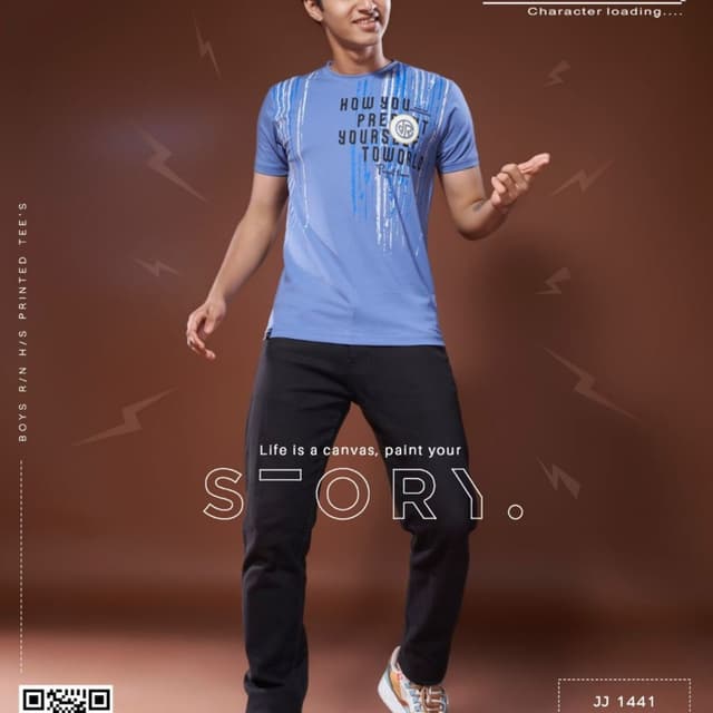 Periwinkle blue with white and blue graphic print, black pants, multi-colored sneakers T-shirt and Pants