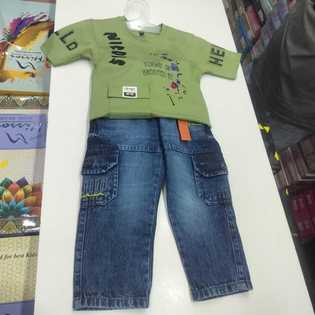 Light Green, Denim Blue, Black, Orange T-shirt and Jeans Set