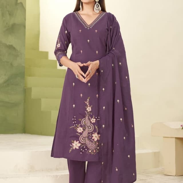 Deep Purple with Pink, White, and Green embroidery Salwar Kameez Set (Kurta, Pants, Dupatta)