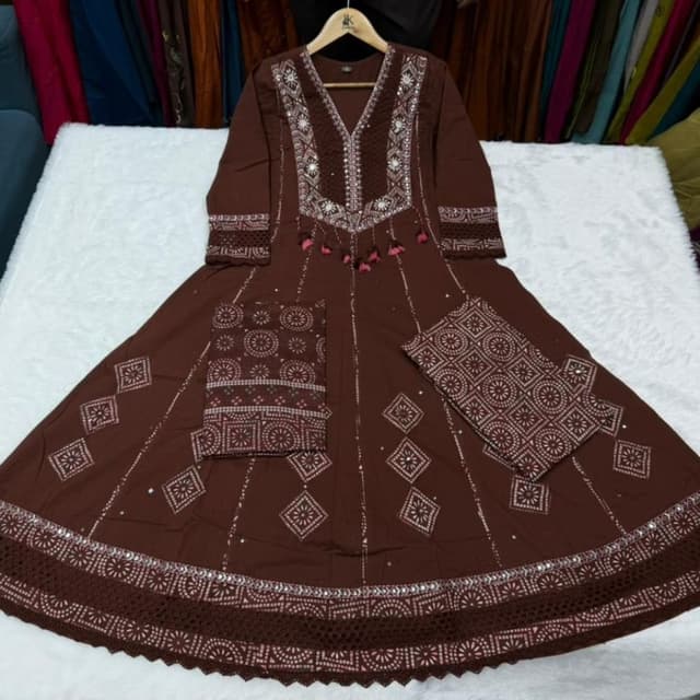 Brown with pink and white accents Kurti with Palazzo/Pants