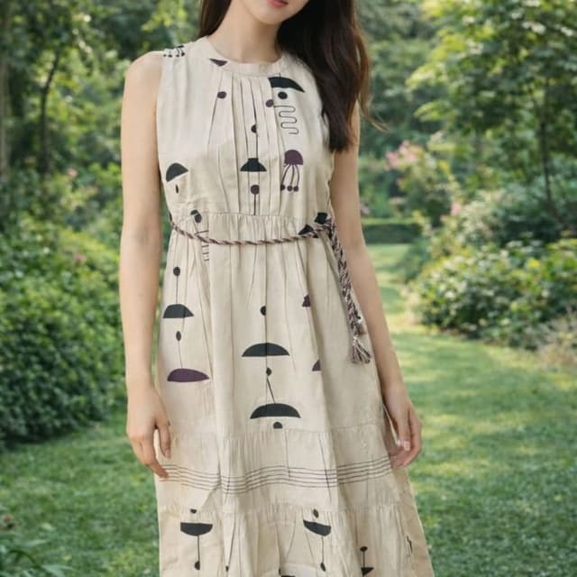Beige with black and dark purple print Dress
