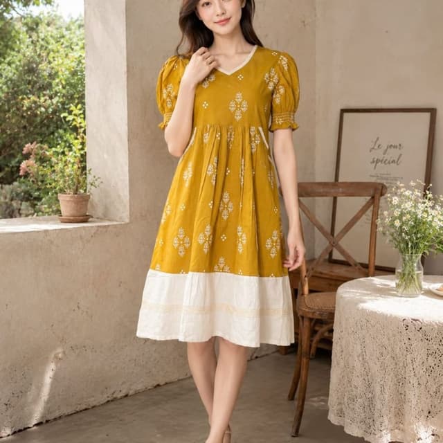 Mustard Yellow with White and Beige accents Dress