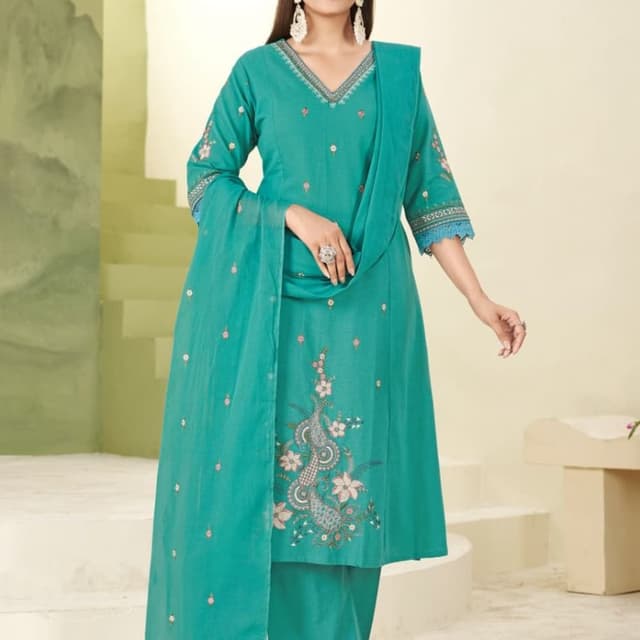 Teal with Pink and Grey embroidery Salwar Kameez Set (Kurta, Pants, Dupatta)