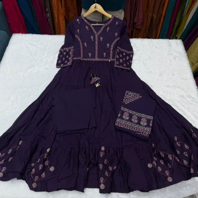 Deep Purple with Pink and White accents Anarkali Suit (Kurta with Pants and Dupatta)