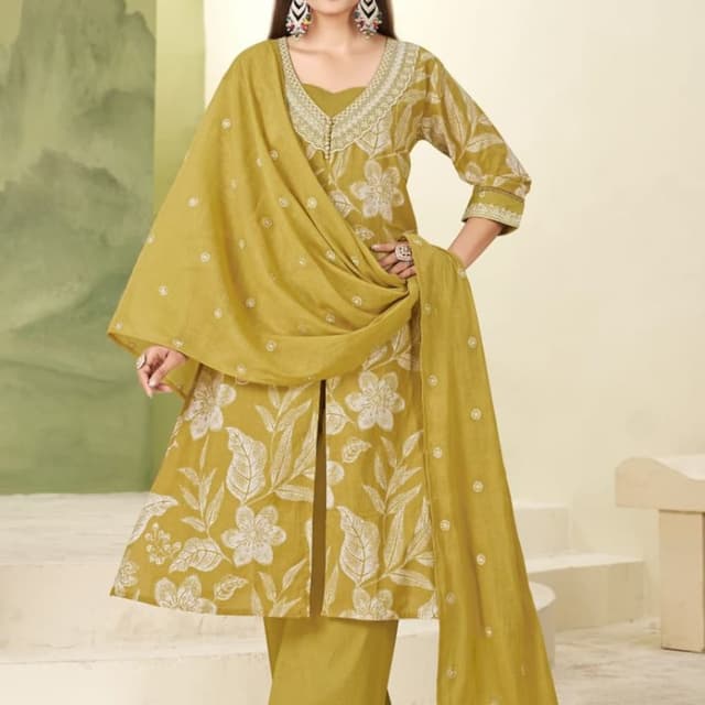 Mustard Yellow with White floral print Kurta Set
