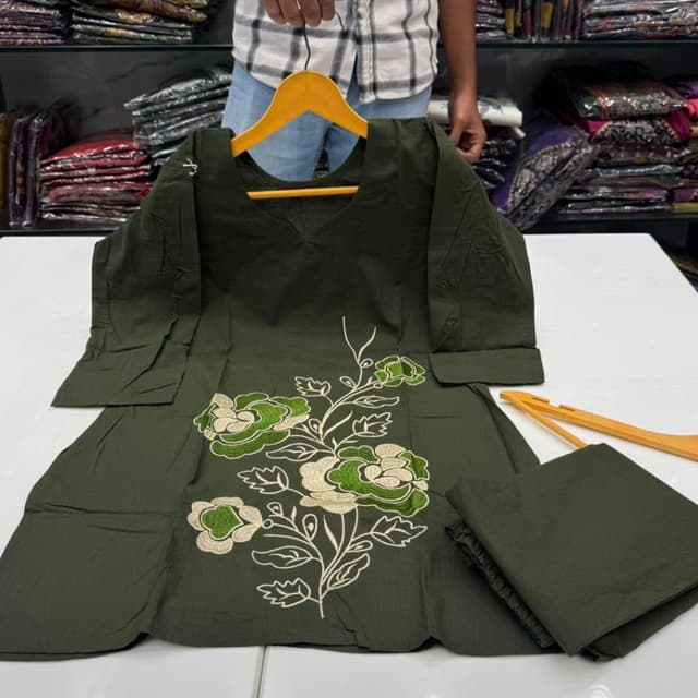 Olive green with green and cream embroidery Kurta