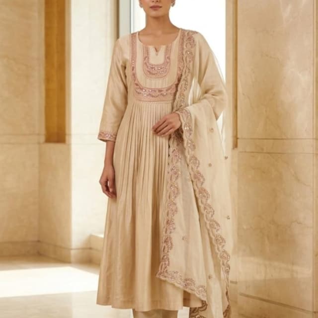 Beige, Rose Gold Anarkali Suit with Dupatta and Pants
