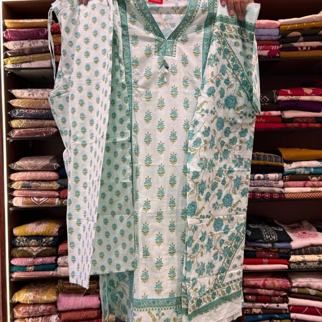 White with Teal and Green floral print Kurta and Pants Set