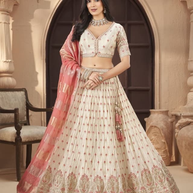 Cream with pink and gold accents Lehenga Choli
