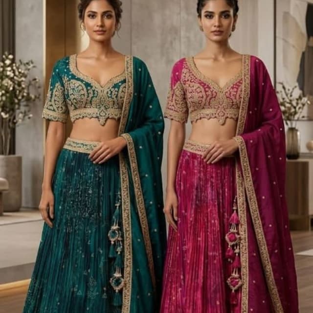 Teal Green and Magenta Pink with Gold Embellishments Lehenga Choli