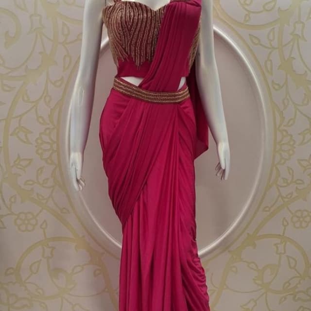 Deep Pink, Gold Saree Gown