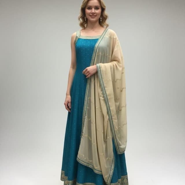 Teal and Beige with Gold accents Anarkali Suit